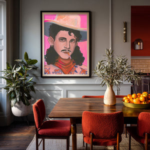 Timothy tattooed cowboy art print by Caya Crum framed in a dining room