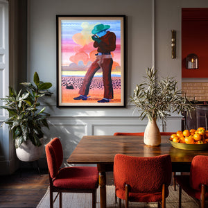 Jack Sunset cowboy art print by Caya Crum framed above a dining table