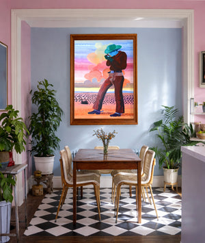 Jack Sunset cowboy art print by Caya Crum framed in a pink and blue room