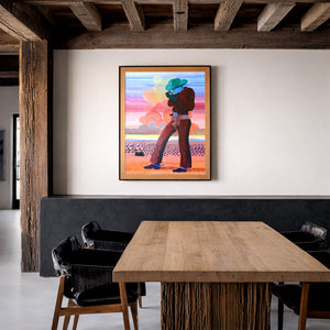Jack Sunset cowboy art print by Caya Crum in a rustic room with wood beams