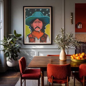 Smoking Cowboy Hank Starry Night Texas Western shown framed by Crum Art