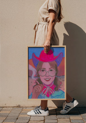 Hanna cowgirl art print by Caya Crum — framed with velvet mat