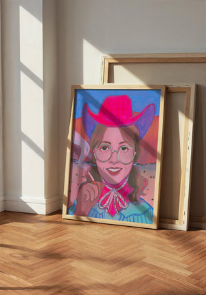 Hanna cowgirl art print by Caya Crum — neutral frame room mockup