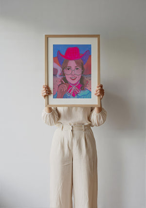 Hanna cowgirl art print by Caya Crum — framed with velvet mat