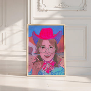 Hanna cowgirl art print by Caya Crum — neutral frame room mockup