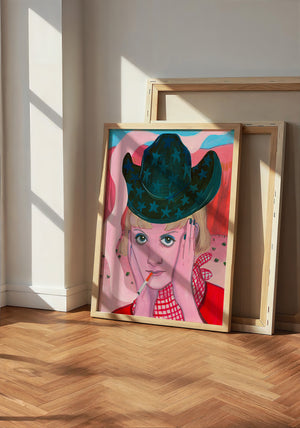 Emma cowgirl art print by Caya Crum — neutral frame room mockup