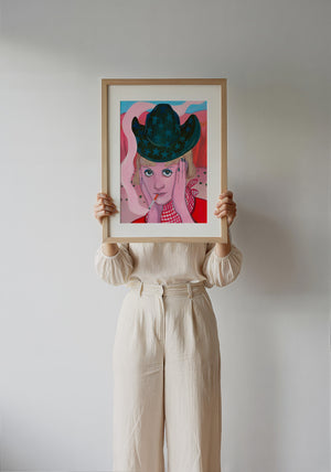 Emma cowgirl art print by Caya Crum — framed with velvet mat