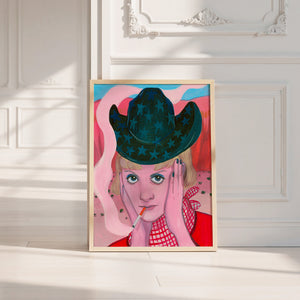 Emma cowgirl art print by Caya Crum — neutral frame room mockup