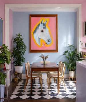 Chinoiserie Horse Blue White shown framed by Crum Art