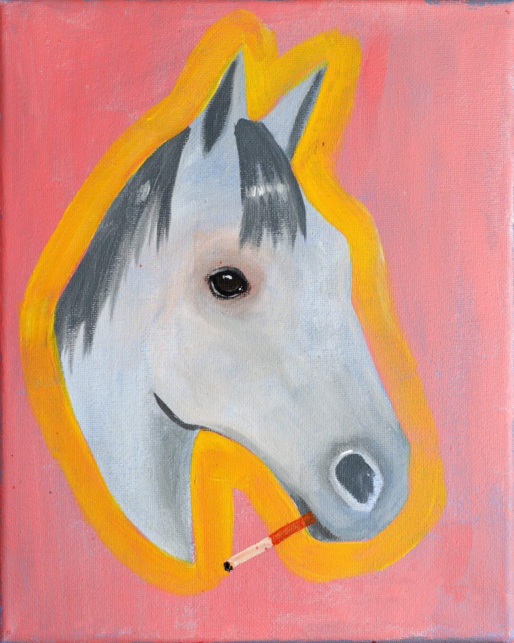 Smoking Pink Se pop western art print of a white horse smoking with yellow outline on pink background