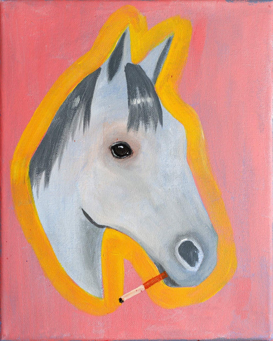 Smoking Pink Se pop western art print of a white horse smoking with yellow outline on pink background