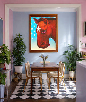 Chinoiserie Horse Blue White shown framed by Crum Art