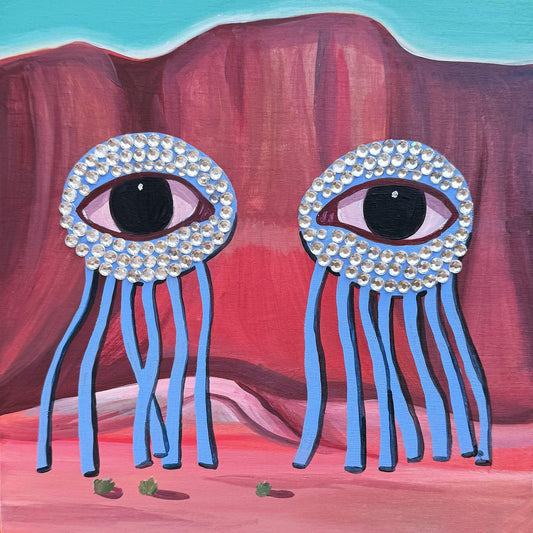 Surreal Southwestern desert landscape with rhinestone-studded eyes titled Eyes in the Desert art print