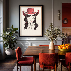 Smoking Cowboy Tavi Red Hat Texas Rodeo Queen Western shown framed by Crum Art
