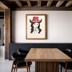 Smoking Cowboy Tavi Red Hat Texas Rodeo Queen Western shown framed by Crum Art