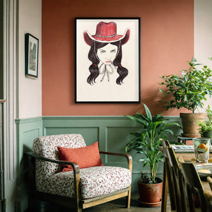 Smoking Cowboy Tavi Red Hat Texas Rodeo Queen Western shown framed by Crum Art