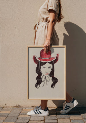 Tavi cowgirl art print by Caya Crum — framed with velvet mat