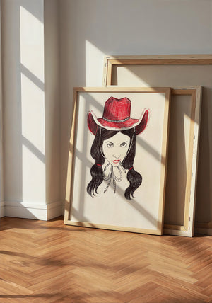 Tavi cowgirl art print by Caya Crum — neutral frame room mockup