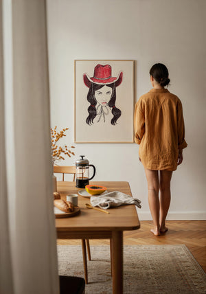 Tavi cowgirl art print by Caya Crum — framed with velvet mat