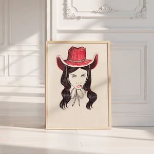Tavi cowgirl art print by Caya Crum — neutral frame room mockup