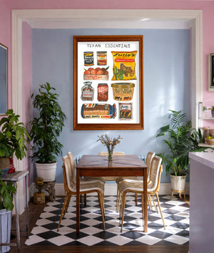 Texas Essentials print by Caya Crum framed in a pink and blue room