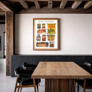Texas Essentials print by Caya Crum in a rustic room with wood beams