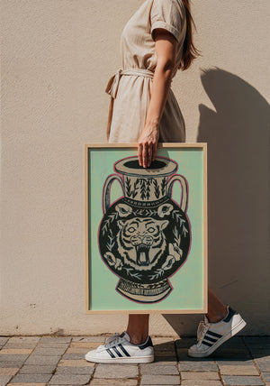 Amphora Mint Green tiger art print by Caya Crum — framed with velvet mat