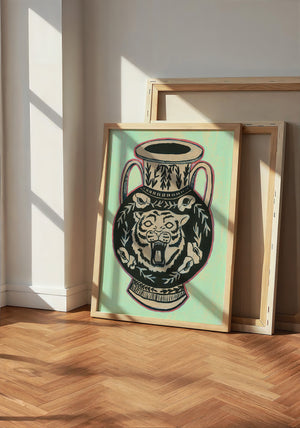 Amphora Mint Green tiger art print by Caya Crum — neutral frame room mockup