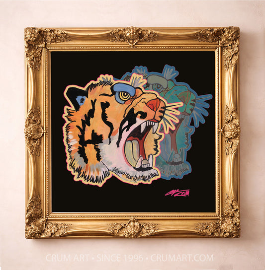 Floral Tiger on Black — tiger art print by Caya Crum in a square gold frame