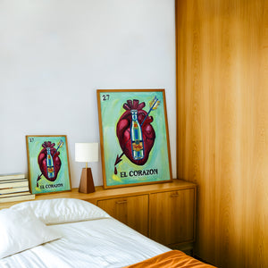Lotería El Corazón Topo Chico art print by Caya Crum — framed in a wood-accent room