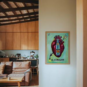 Lotería El Corazón Topo Chico art print by Caya Crum — framed in a wood-accent room