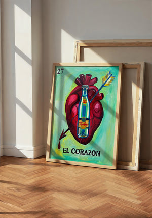 Lotería El Corazón Topo Chico art print by Caya Crum — neutral frame room mockup