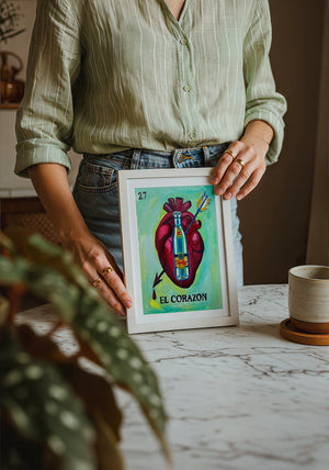 Lotería El Corazón Topo Chico art print by Caya Crum — neutral frame room mockup