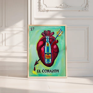 Lotería El Corazón Topo Chico art print by Caya Crum — neutral frame room mockup
