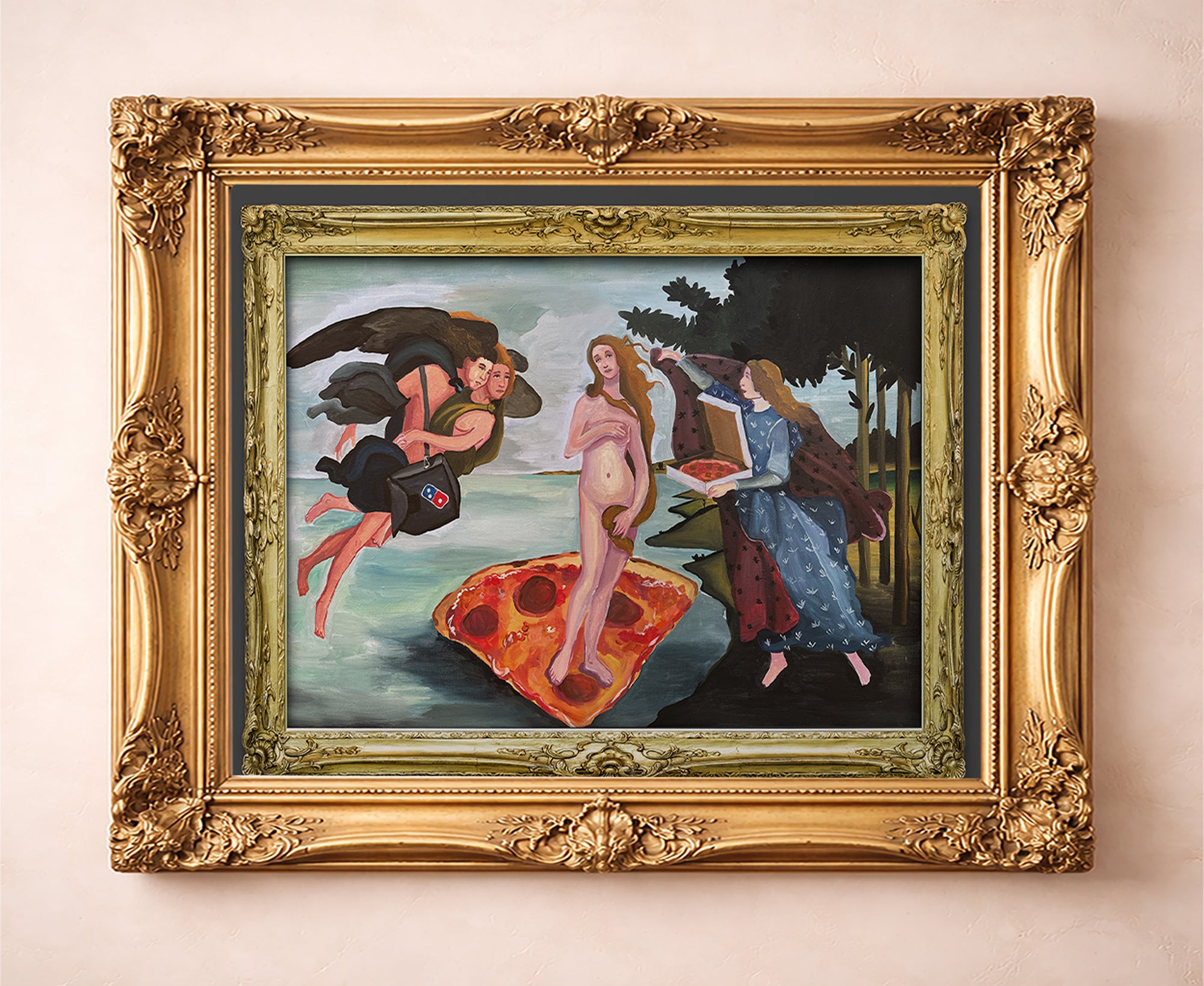 Venus de Milo & Pizza old masters art print by Caya Crum — in a gold frame
