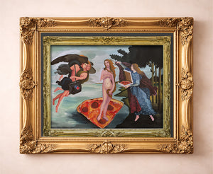 Venus de Milo & Pizza old masters art print by Caya Crum — in a gold frame