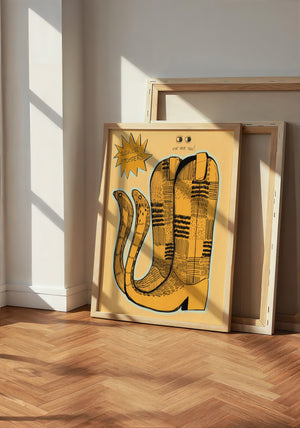 Roach Stompers cowboy boot art print by Caya Crum — neutral frame room mockup