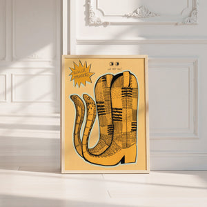 Roach Stompers cowboy boot art print by Caya Crum — neutral frame room mockup