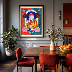 Saint Willie Nelson art print by Caya Crum framed in a dining room, Texas music wall art