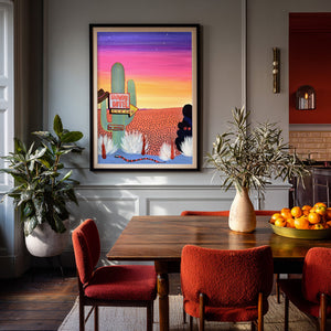 Howdy Hotel Desert shown framed by Crum Art