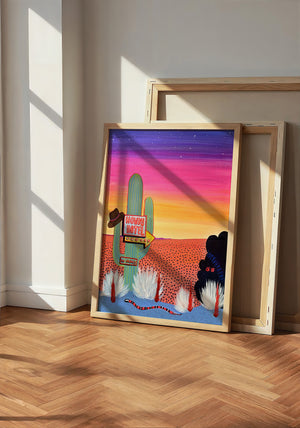 Howdy Hotel Neon cactus art print by Caya Crum — neutral frame room mockup