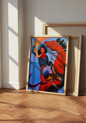 Mildred Bucking Horse cowgirl art print by Caya Crum — neutral frame room mockup