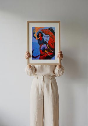 Mildred Bucking Horse cowgirl art print by Caya Crum — framed with velvet mat