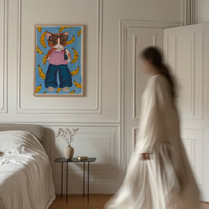 Banana Kitty cat art print by Caya Crum — framed vertical room scene