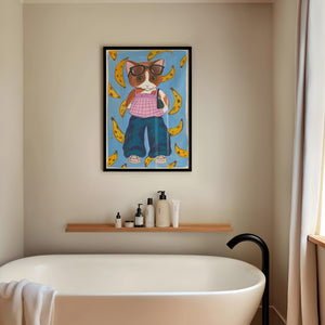 Banana Kitty cat art print by Caya Crum — framed vertical room scene