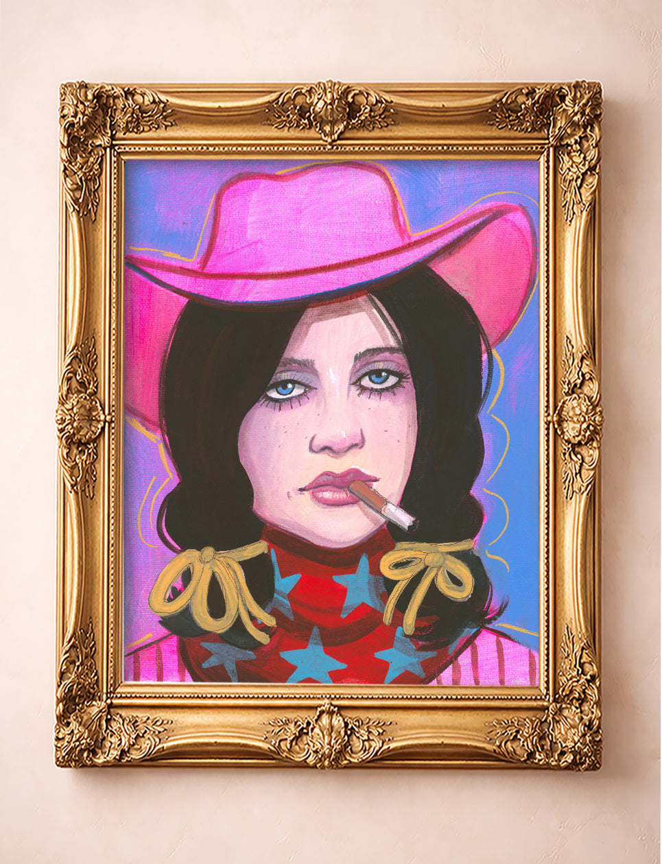 Billie smoking cowgirl art print by Caya Crum — in a gold frame