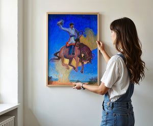 Bronco Buster Night rodeo art print by Caya Crum — framed vertical room scene