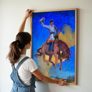 Bronco Buster Night rodeo art print by Caya Crum — framed vertical room scene