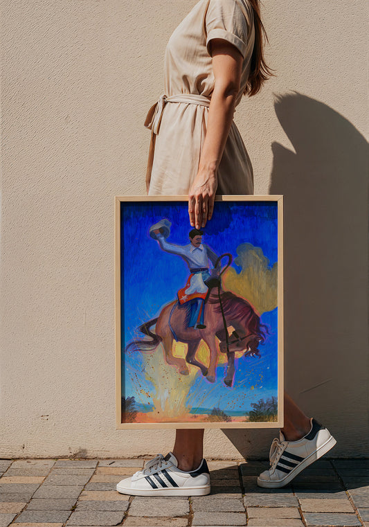 Bronco Buster Night rodeo art print by Caya Crum — framed with velvet mat