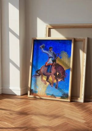 Bronco Buster Night rodeo art print by Caya Crum — neutral frame room mockup